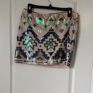 Express Sequin Geometric Mini Skirt in Nude, Navy & Green